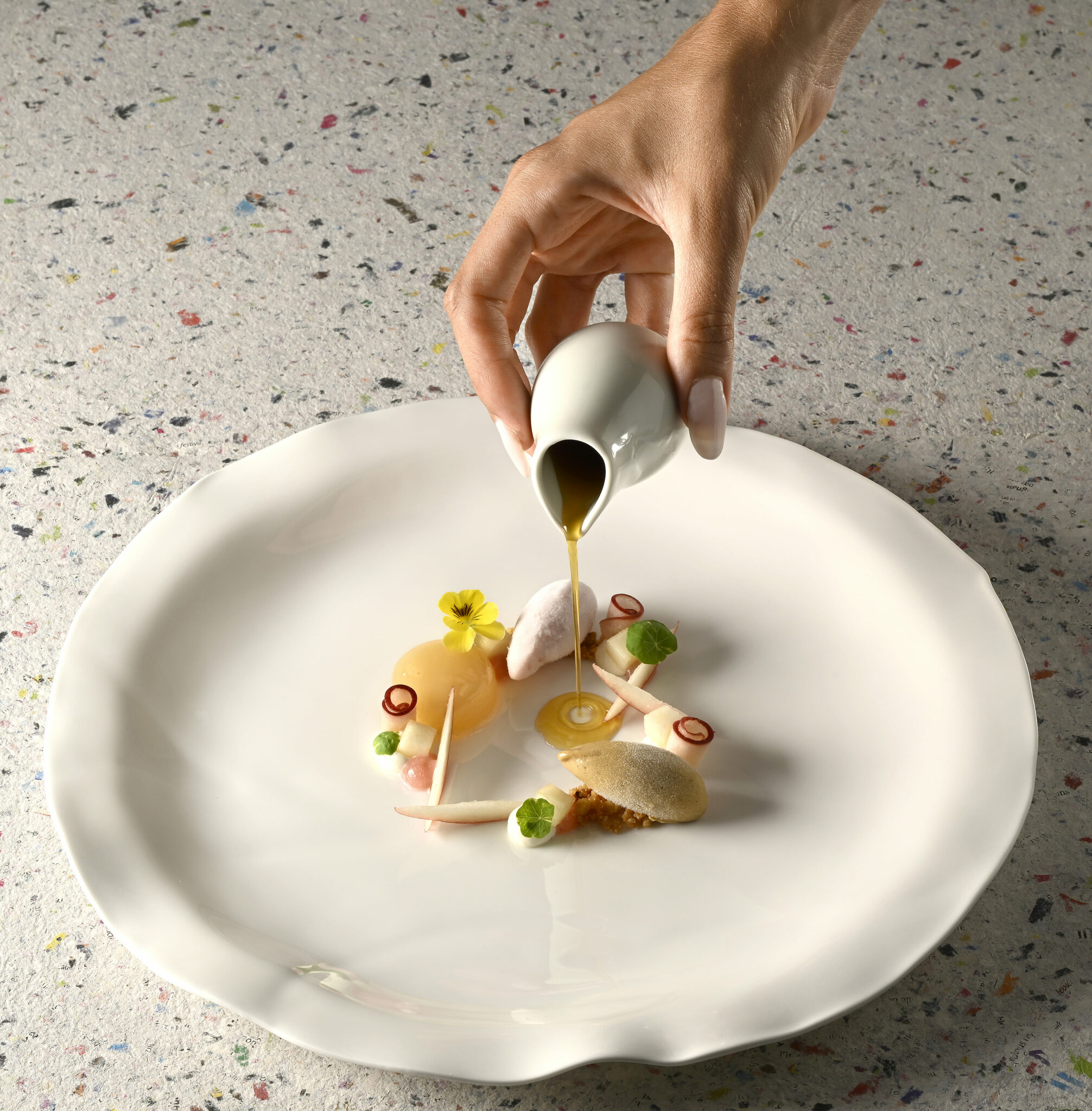 Recette de pêches blanches et sorbet du chef Vincenzo Regine 