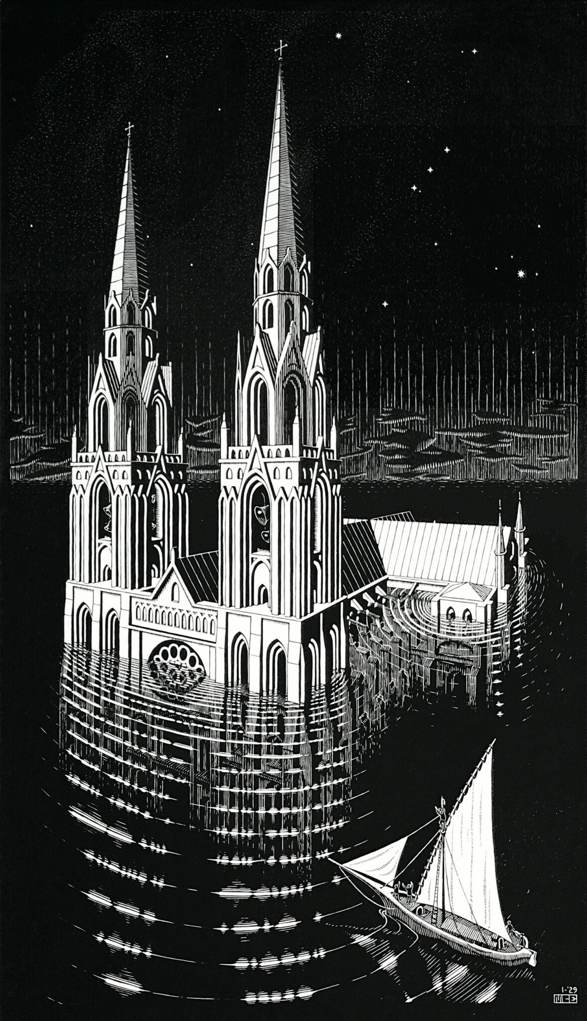 À l'exposition M.C. Escher à la Monnaie de Paris : La Cathédrale Engloutie, 1929
