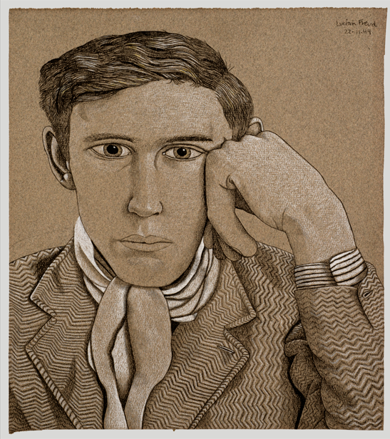 Portrait of a Young Man, 1944, Lucian Freud,Black crayon and chalk on paper, © The Lucian Freud Archive. All Rights Reserved 2026 / Bridgeman Images, Lent by a private collection David Hockney, 2002, Lucian Freud, Oil on canvas © The Lucian Freud Archive. All Rights Reserved 2026 / Bridgeman Images, Lent by a private collection