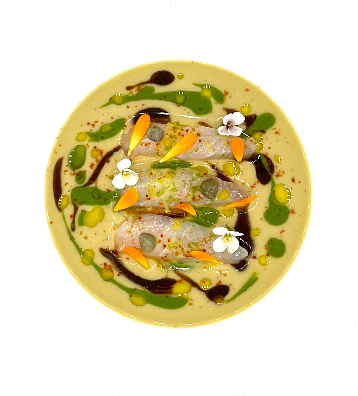 Recette de la daurade marinée, velours d’artichaut à l’ail noir de et roquette du chef étoilé Denis Martin © DR